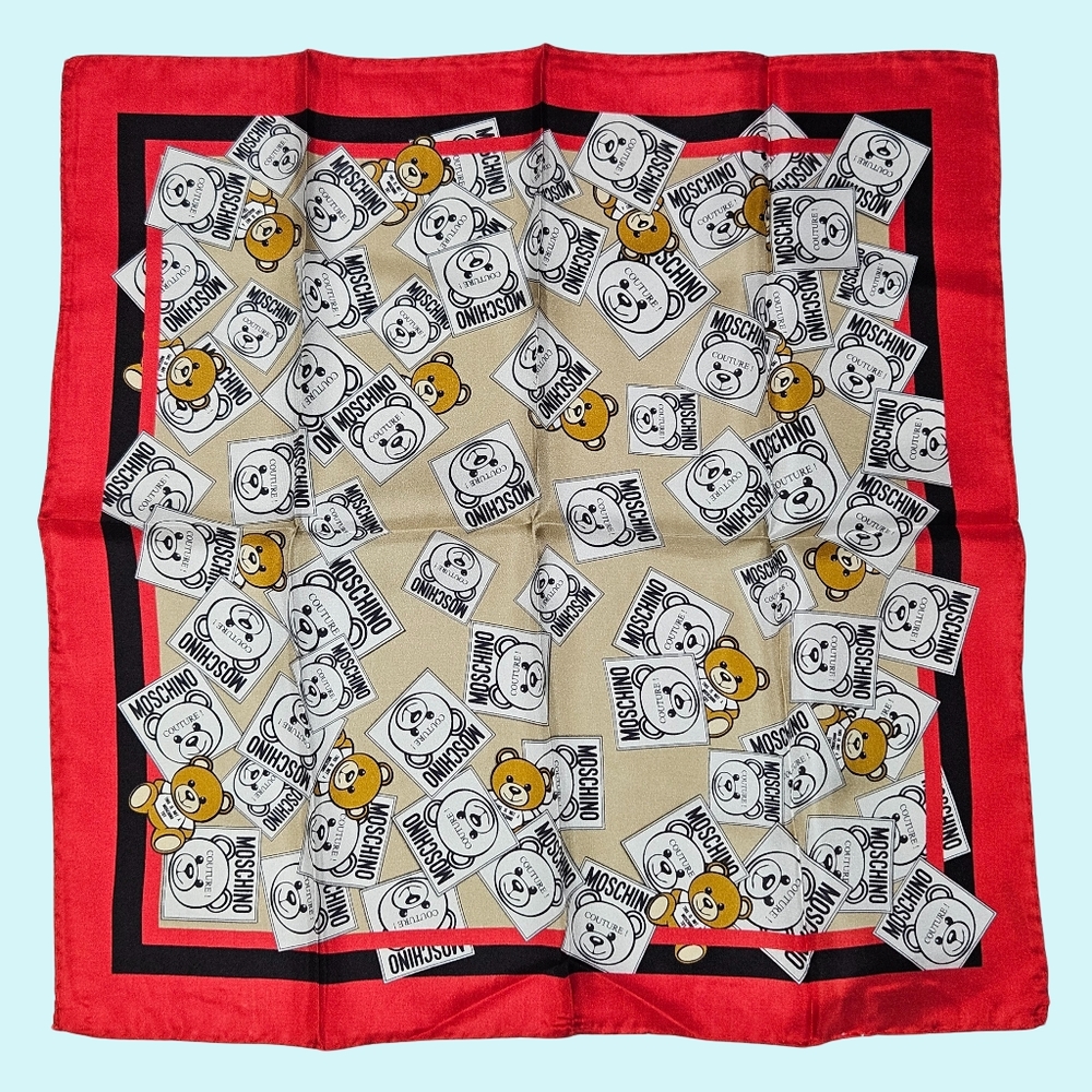 Moschino Red and Beige Teddy Bear Scarf